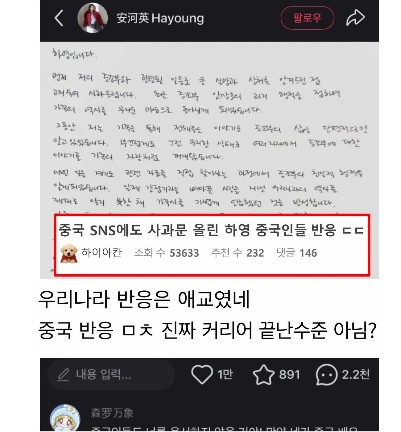 중국 SNS에도 사과문 올린 하영 (+중국인들 반응 ㄷㄷ)